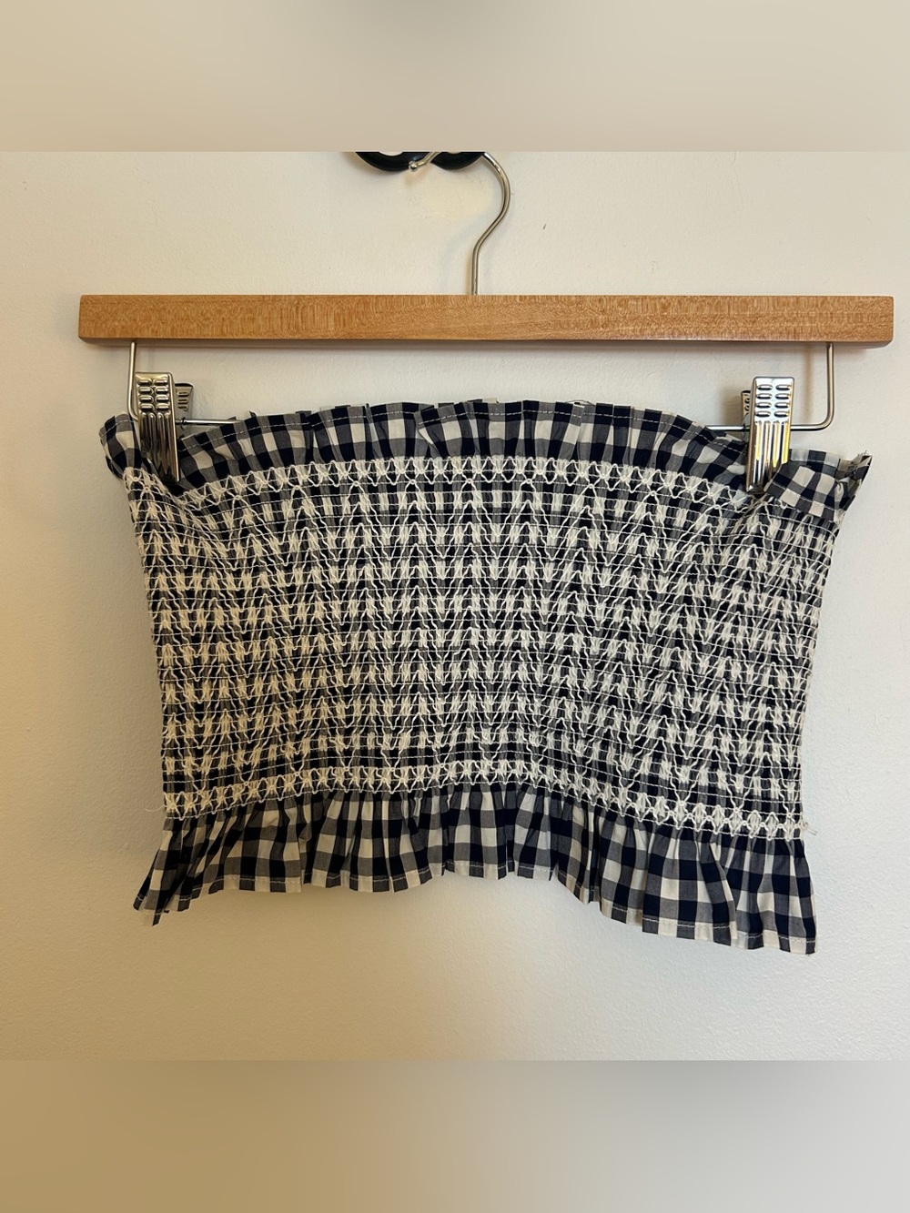 Smocked Gingham Midi Skirt in Navy Blue and White